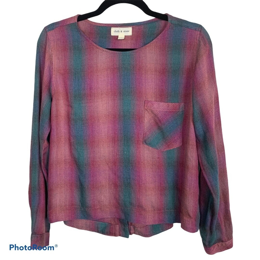 Cloth & Stone Size S Striped Teal Red Orange Lace Up‎ Back Cropped Flannel Shirt